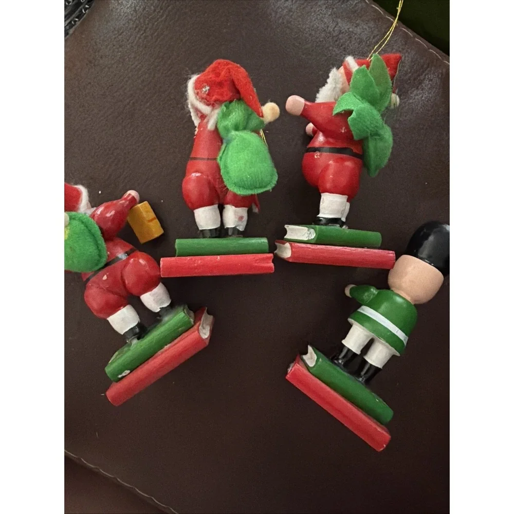 4 Vintage Santa & Snowman Wooden Ornaments Standing On Books Wood Christmas